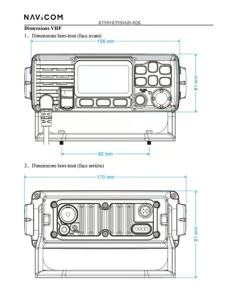 RT950AIS : VHF Fixe 25 W Compacte Antenne GPS et AIS intgrés - NMEA 2000 NAV-RT950AIS-N2K Navicom SeaElec.fr